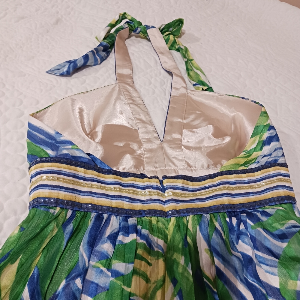 BCBGMaxAzria Silk Halter Maxi Dress Gown Palm Print Sequin - Picture 8 of 13